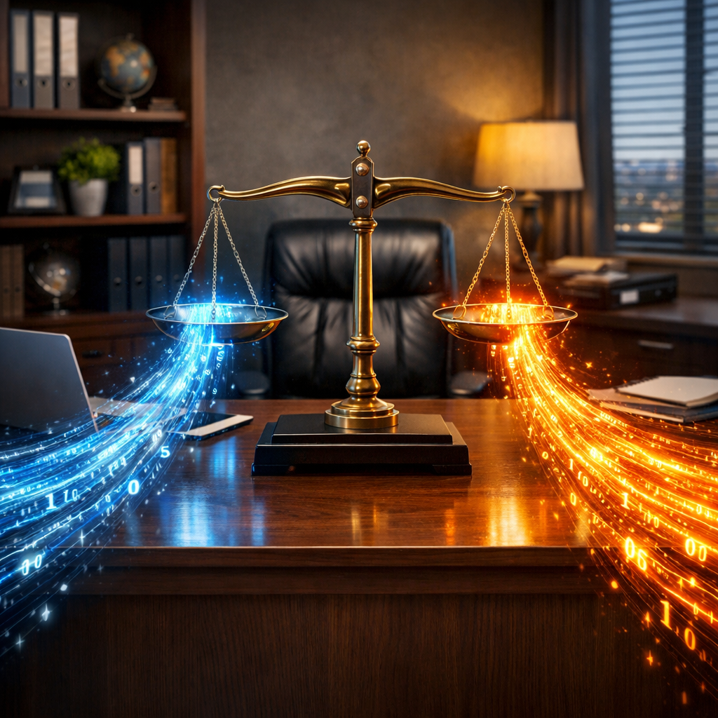 Brass balance scale on wooden desk with blue and orange digital data streams flowing from each side
