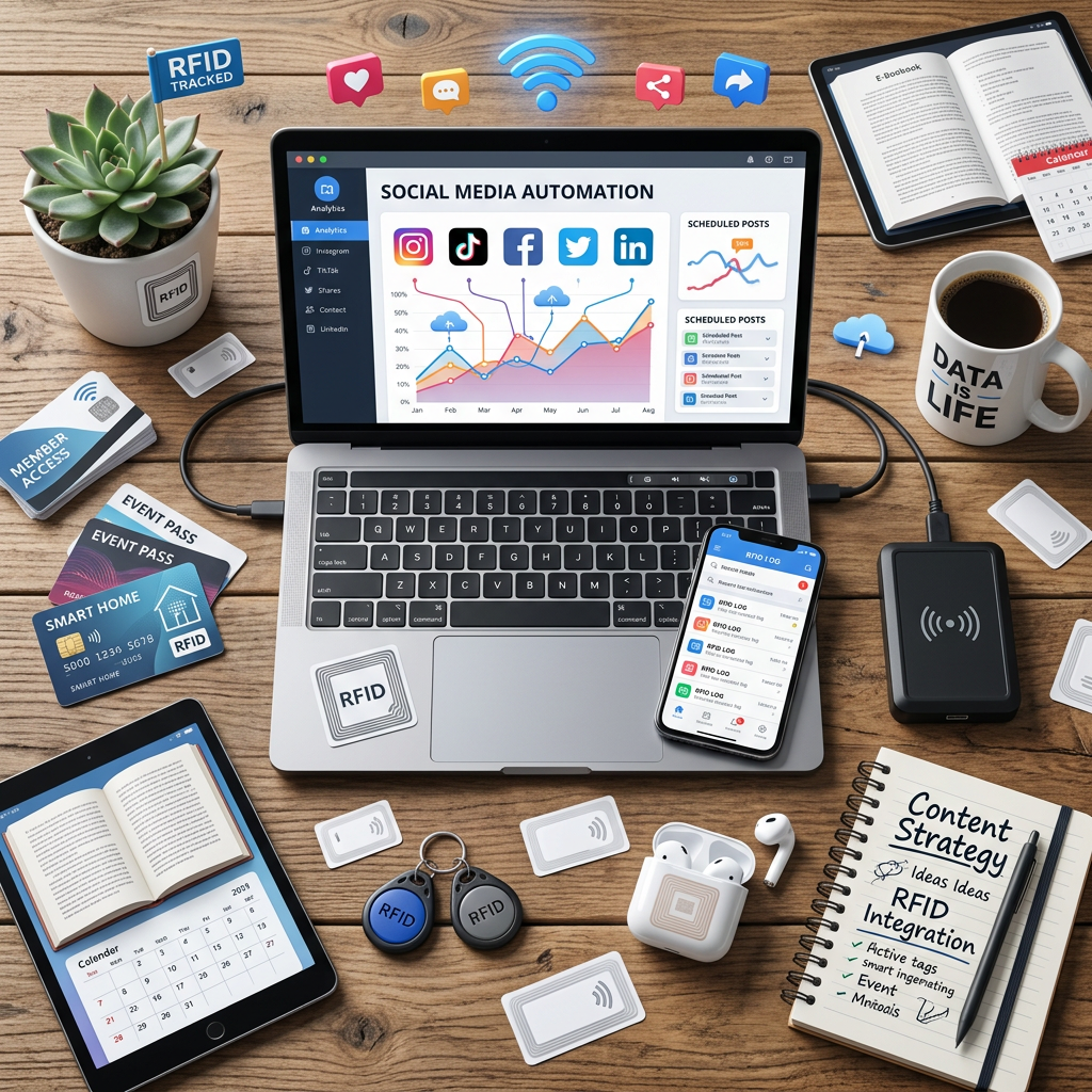 Laptop displaying social media automation analytics with RFID devices, smartphone app, and content strategy notes
